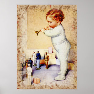 Poster Bebê ruivo soprando chifre para soldados