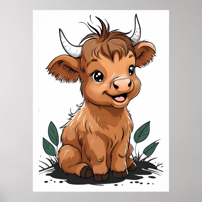Poster Bebê Sentado Arte de Vaca Highland (Frente)