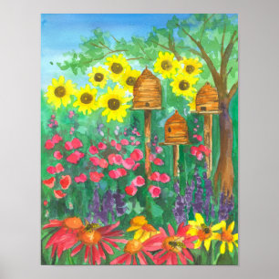 Poster Bebê Skep Coneflower Garden Watercolor Girassóis