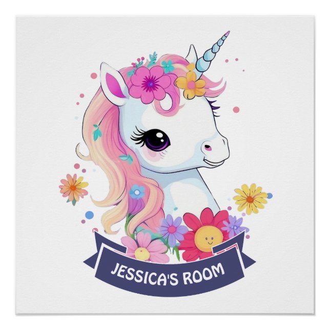 Póster Bebê Unicórnio Branco Adorável com Flores (Frente)