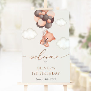 Poster Bebê Urso, Balões Castanhos, Primeiro Aniversário 