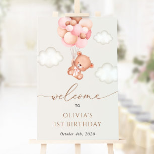 Poster Bebê Urso, Balões Rosa, Primeiro Aniversário Bem-V