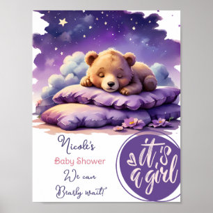 Poster Bebê Urso Dormindo Chá de fraldas Roxo Galáxia