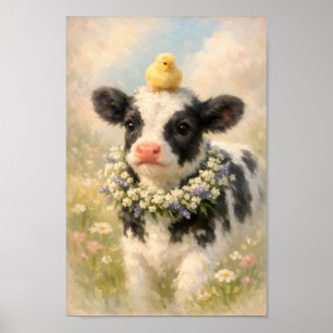 Poster Bebê Vaca com Pintinho e Pintura de Coroa de Flore