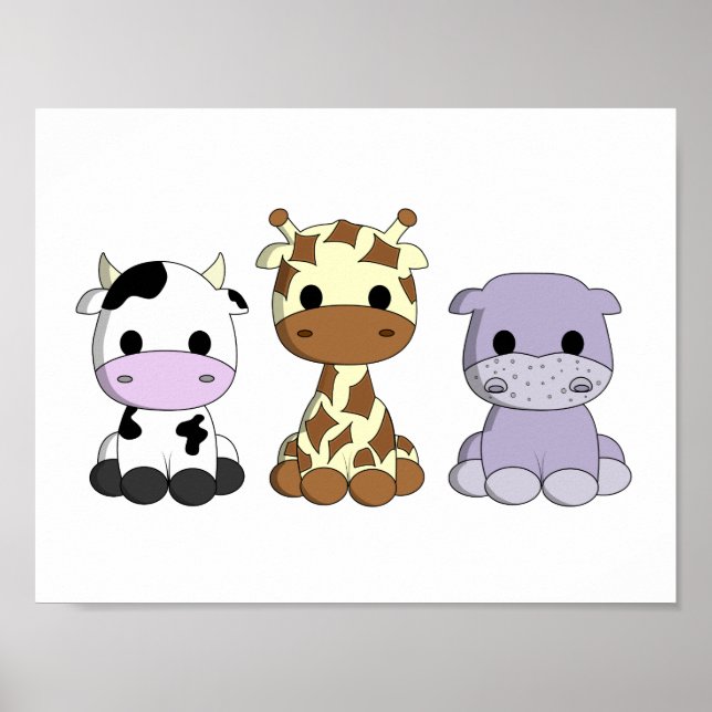 Poster Bebê vaca girafinha hipopótamo desenho berçário (Frente)