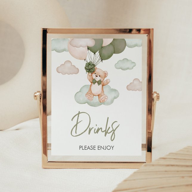 Poster Bebê Verde Bear Balões Chás de fraldas Bebidas (Green Bear Balloon Bearly Wait Baby Shower Drinks Sign)