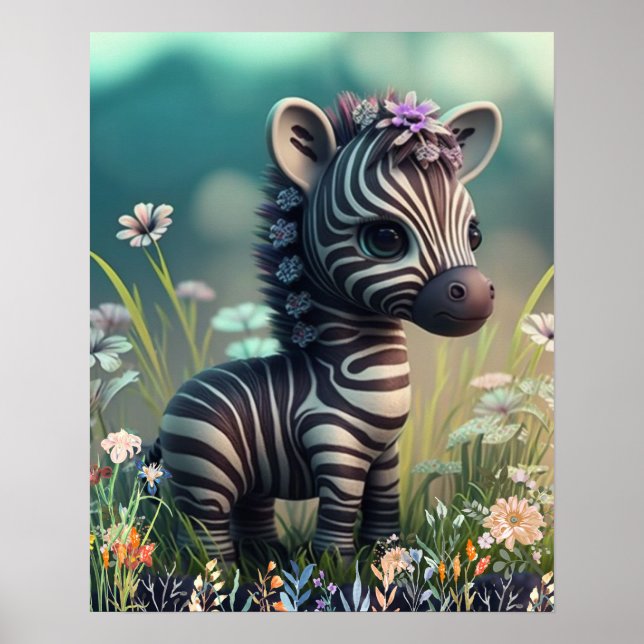 Poster Bebê zebra fofo no jardim de flores da creche de a (Frente)