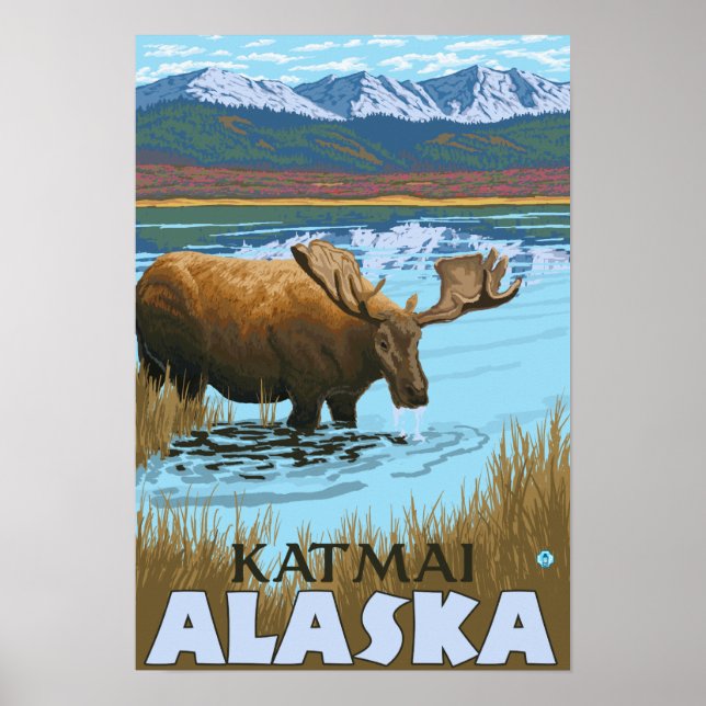 Póster Bebendo de alce no lago - Katmai, Alaska (Frente)