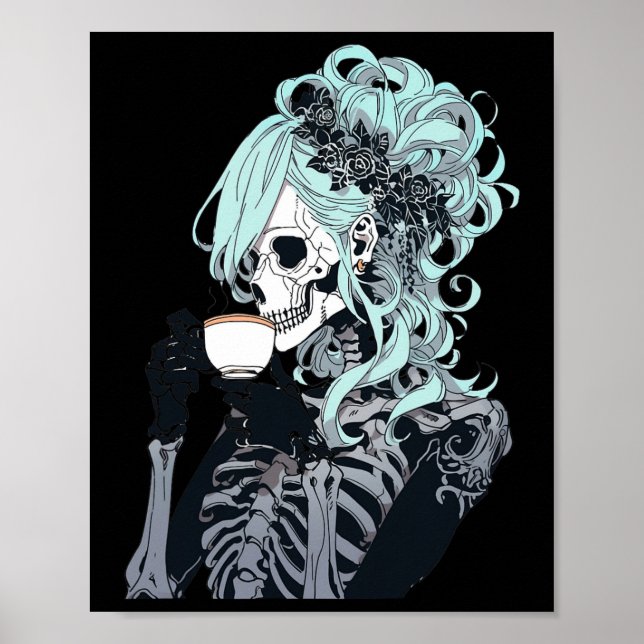 Poster Bebendo de café Skeleton Messy Bun Halloween Costu (Frente)