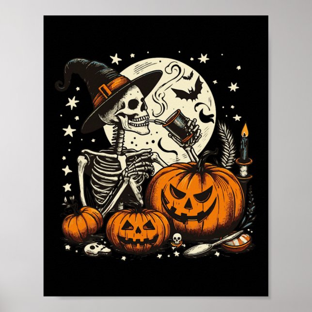 Poster Bebendo de café Skeleton Pumpkin Figurino de Hallo (Frente)