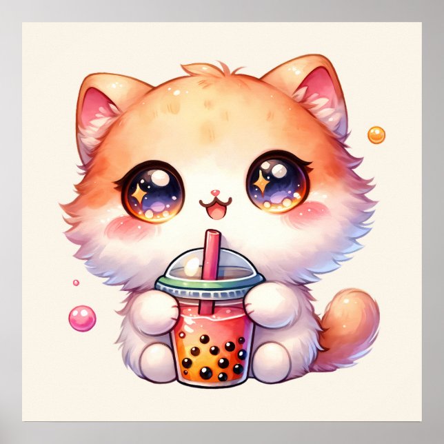 Poster Bebendo de gato Boba Cute Bubble Tea (Frente)
