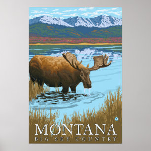Póster Bebendo dos alces no lago - Montana