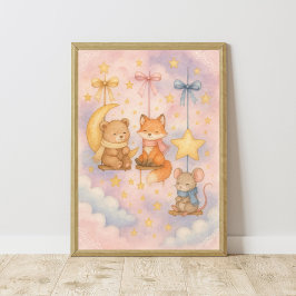 Poster Bebês Animais da Floresta Celestial Arte de Parede