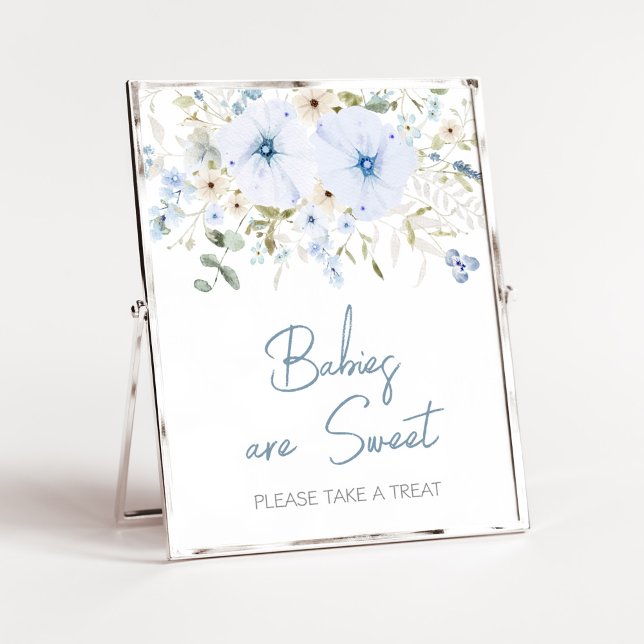 Poster Bebês Chás de fraldas de Sangue de Bebê Azul Dusty (Boy Spring Flowers Baby Shower Babies are Sweet Sign)