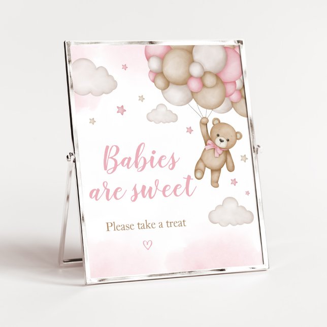 Poster Bebês Chás de fraldas de Urso Rosa são Doce (Girl Bear Baby Shower Babies are Sweet Sign)