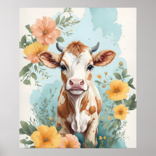 Poster Bebês-Cons Vaca Adorável Floral