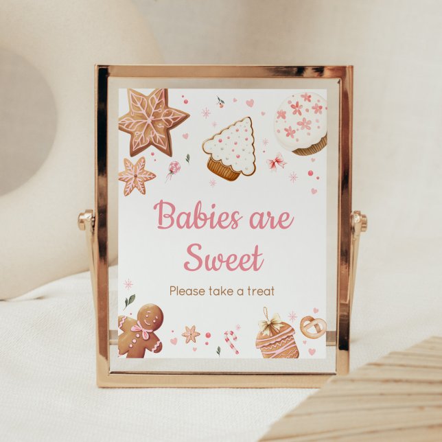 Poster Bebês de biscoito cor-de-rosa são doces (Christmas Little Cookie Gingerbread Baby Shower Babies are Sweet Sign)