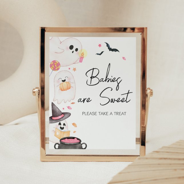 Poster Bebês de Boo Halloween rosa são doces (Pink Little Boo Baby Shower Babies are Sweet Sign)