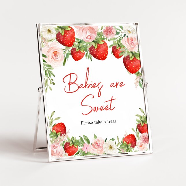 Poster Bebês de Chá de fraldas de morango são doces (Pink Floral Strawberry Baby Shower Babies are Sweet Sign)