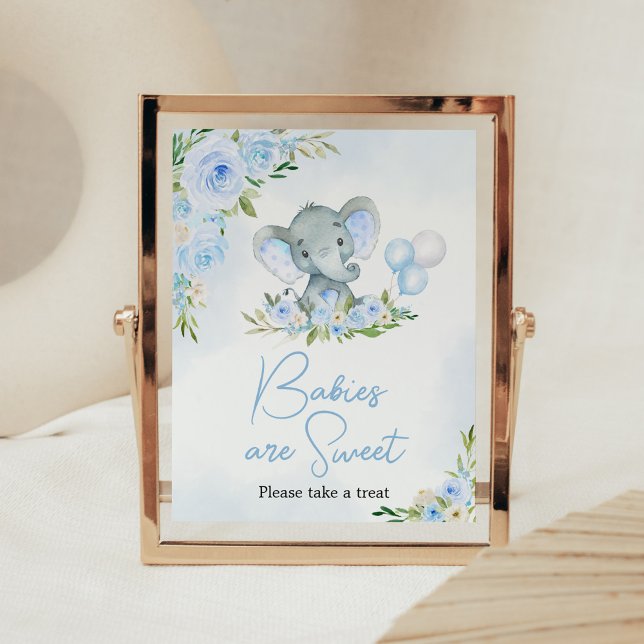 Poster Bebês de Elefante Floral Blue Balloon são doces (Boy Elephant Balloon Baby Shower Babies are Sweet Sign)