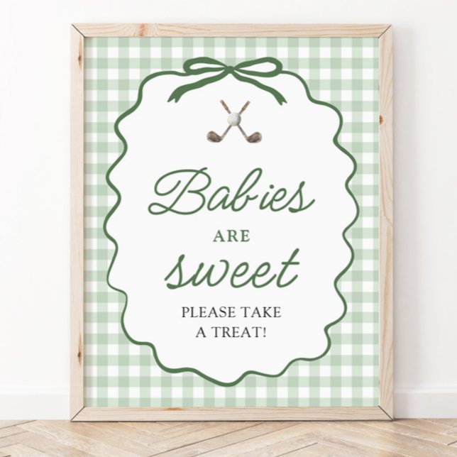 Poster Bebês de golfe com laço de gingado verde salvia sã (Sage Green Gingham Bow Golf Babies are Sweet Sign)