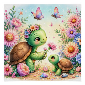 Póster Bebês do Bosque de Contos de Fadas Tartaruga e Peq