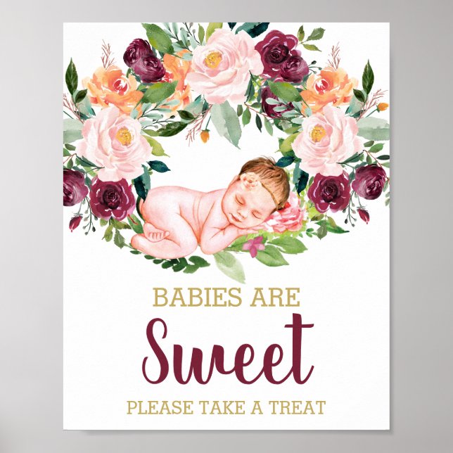Poster Bebês são doces sinal floral Borgonha (Frente)