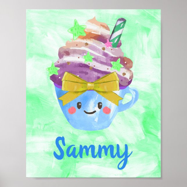 Poster Bebida Kawaii Bebê Azul Quarto de Crianças (Frente)