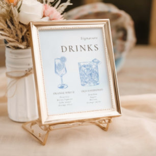 Poster Bebidas Assinadas Por Arte De Linha Floral Azul Fr