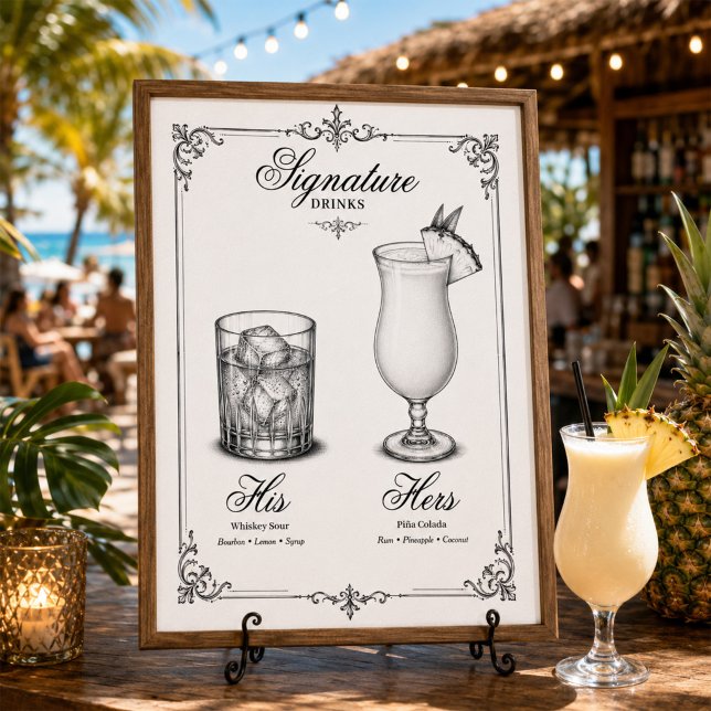 Poster Bebidas Assinatura Casamento Dele e Dela (Elegant framed Signature Drinks sign adds timeless charm to your wedding cocktail bar. )