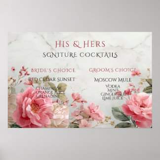 Poster Bebidas Assinatura da Noiva e do Noivo Rosas Pink 