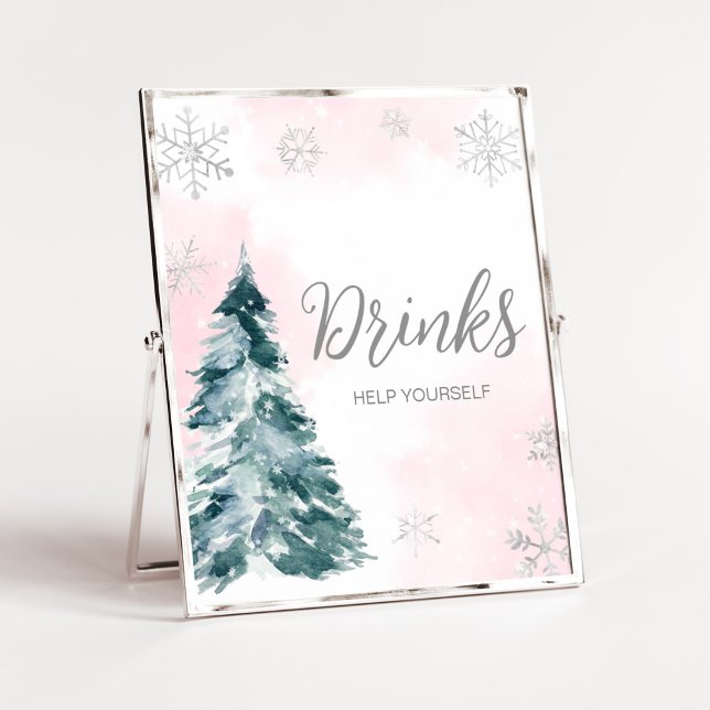 Poster Bebidas Chás de fraldas de inverno, cor-de-rosa, a (Pink Silver Pine Tree Baby Shower Drinks Sign)
