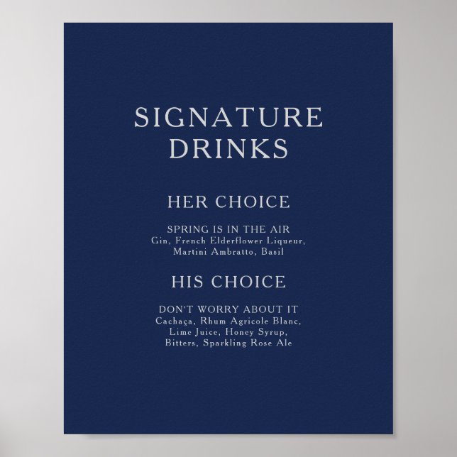 Poster Bebidas Clássicas com Assinatura Azul-Navy Prata M (Frente)
