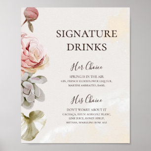 Poster Bebidas com Assinatura de Aquarela Floral Rubor Mo