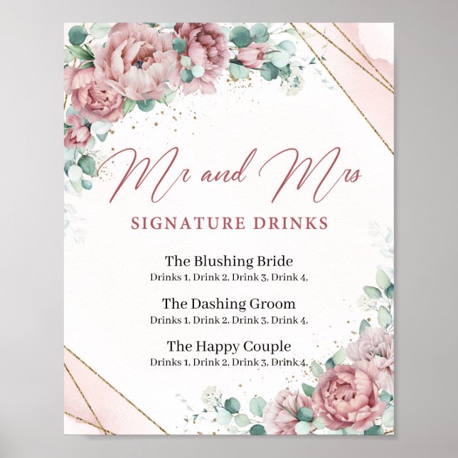 Poster Bebidas com assinatura rosa floral boêmio dourado  (Frente)