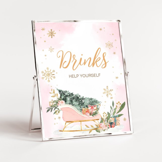 Poster Bebidas com flocos de neve Dourados cor-de-rosa-in (Pink Sleigh Baby Shower Drinks Sign)