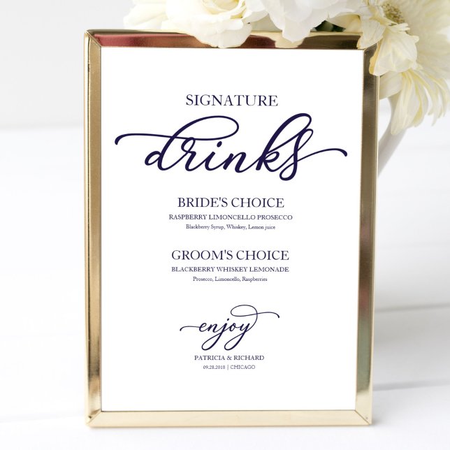 Poster Bebidas com Selo Chic Azul-Marinho com Letra Calig (Criador carregado)