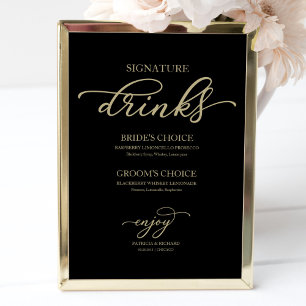 Poster Bebidas com Selo Chic Dourado Script Preto
