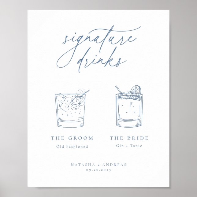 Poster Bebidas de Assinatura Azul Minimalistas Chic Conte (Frente)