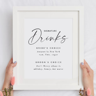 Poster Bebidas de assinatura. Casamento elegante preto e