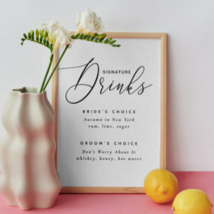 Poster Bebidas de assinatura. Casamento elegante preto e