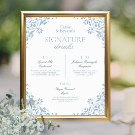 Poster Bebidas de Assinatura de Casamento Chic Azul e Bra