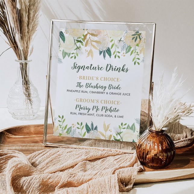 Poster Bebidas de Assinatura de Casamento com Florais e F (Criador carregado)