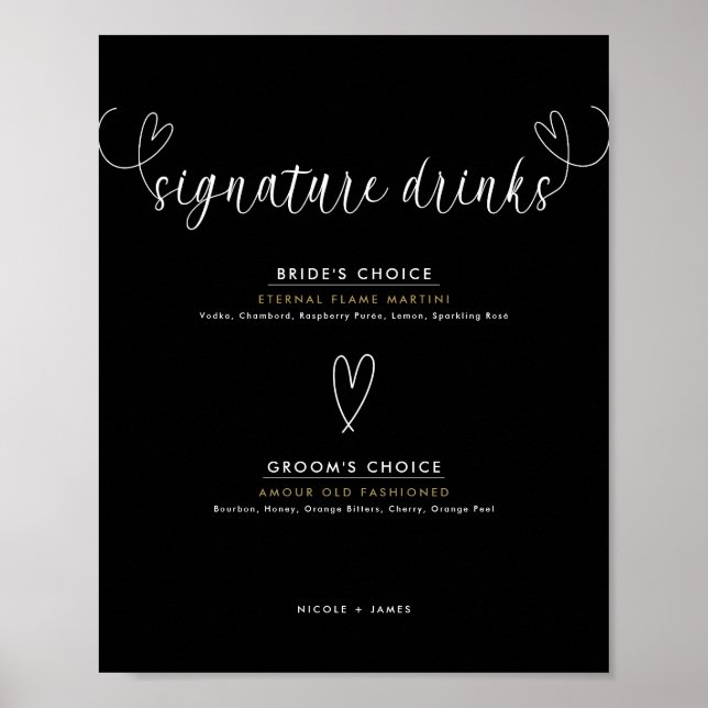 Poster Bebidas de Assinatura de Casamento Corações Modern (Frente)
