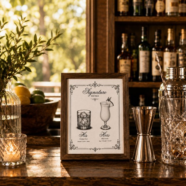 Poster Bebidas de Assinatura de Casamento Dele e Dela (A simple poster with His and Hers Signature Drinks Menu Poster. )