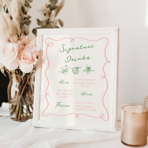 Poster Bebidas De Assinatura Rosa E Verde Desenhadas À Mã