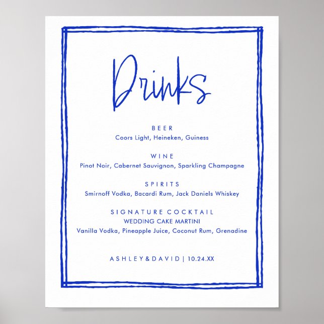 Poster Bebidas De Bar Azul De Casamento Francês Desenhada (Frente)