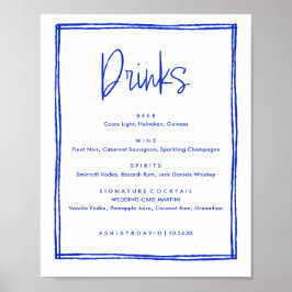 Poster Bebidas de Bar de Casamento Azul Francês Desenhada