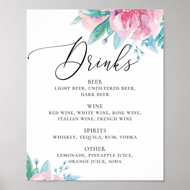 Poster Bebidas de casamento com pincel de aquarela rosa-c (Frente)