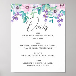 Poster Bebidas de casamento florais, púrpura e rosa, de a